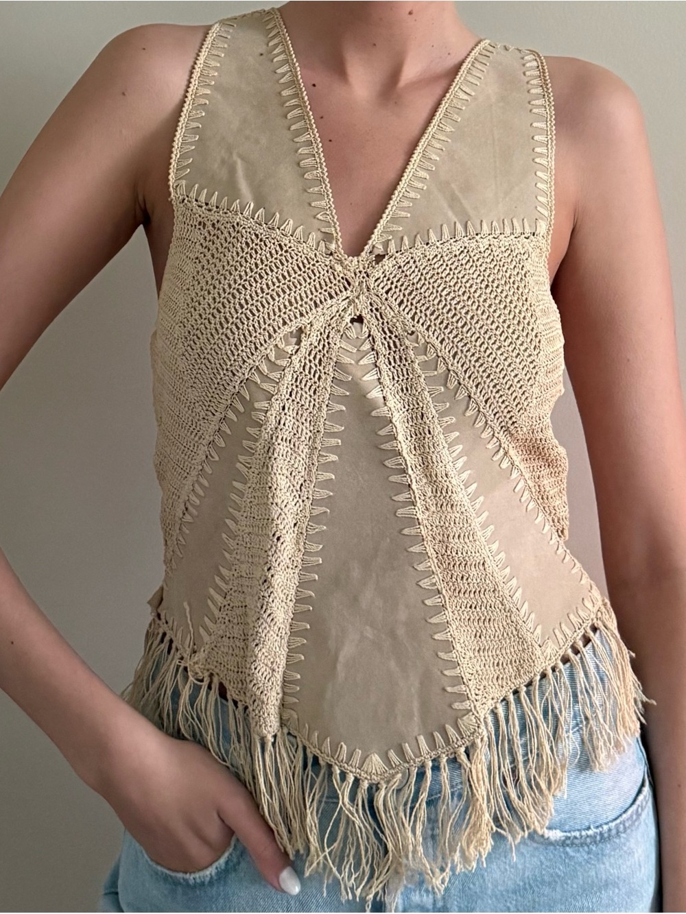 Vintage Boho Cream Crochet Fringe Tank Top